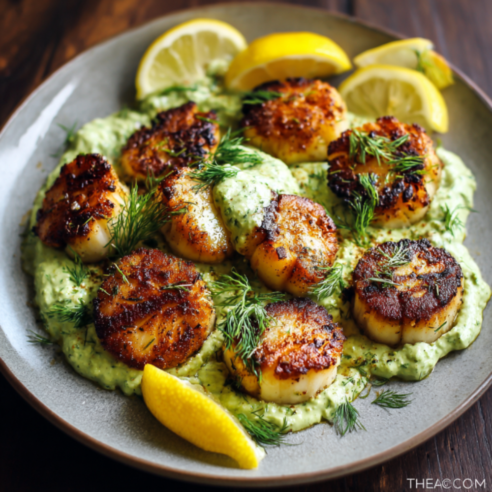 Lemon-Garlic Zucchini Scallops with Avocado Dill Crema